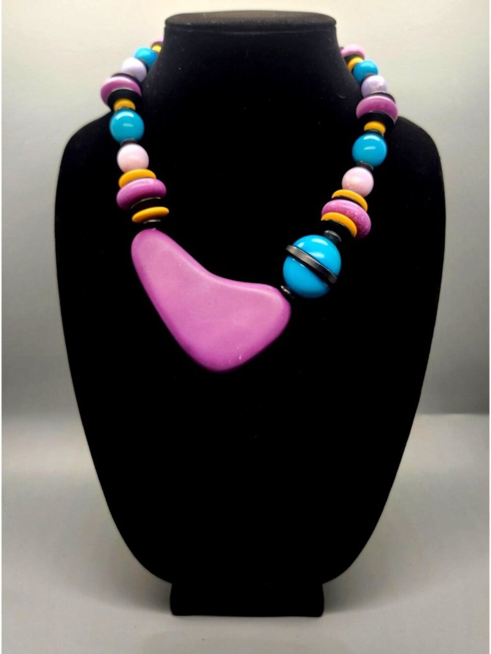Colorful Chunky Beaded Necklace With Abstract Purple Pendant & Multi-Colored Bea